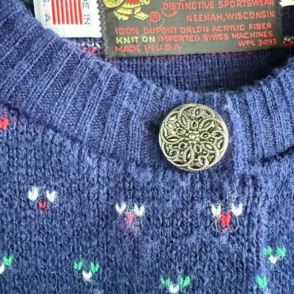 Vtg 80s Cardigan Nordic Fair Isle Sweater Navy Heart Made in USA Classic Women S - Picture 4 of 8